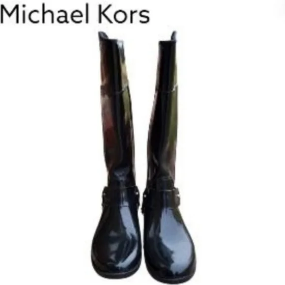Michael Kors Fulton Tall Riding Harness Boot Black Gloss MK Logo Rain Women 8 - Picture 4 of 11
